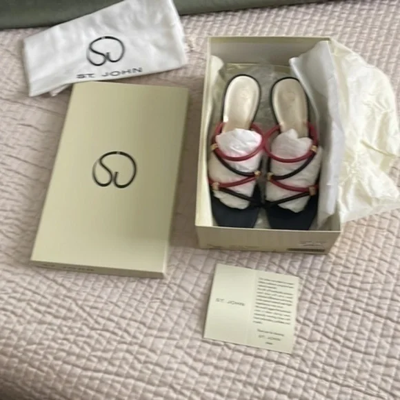 St. John leather mules strappy calypso navy red gold monogram - Picture 2 of 16